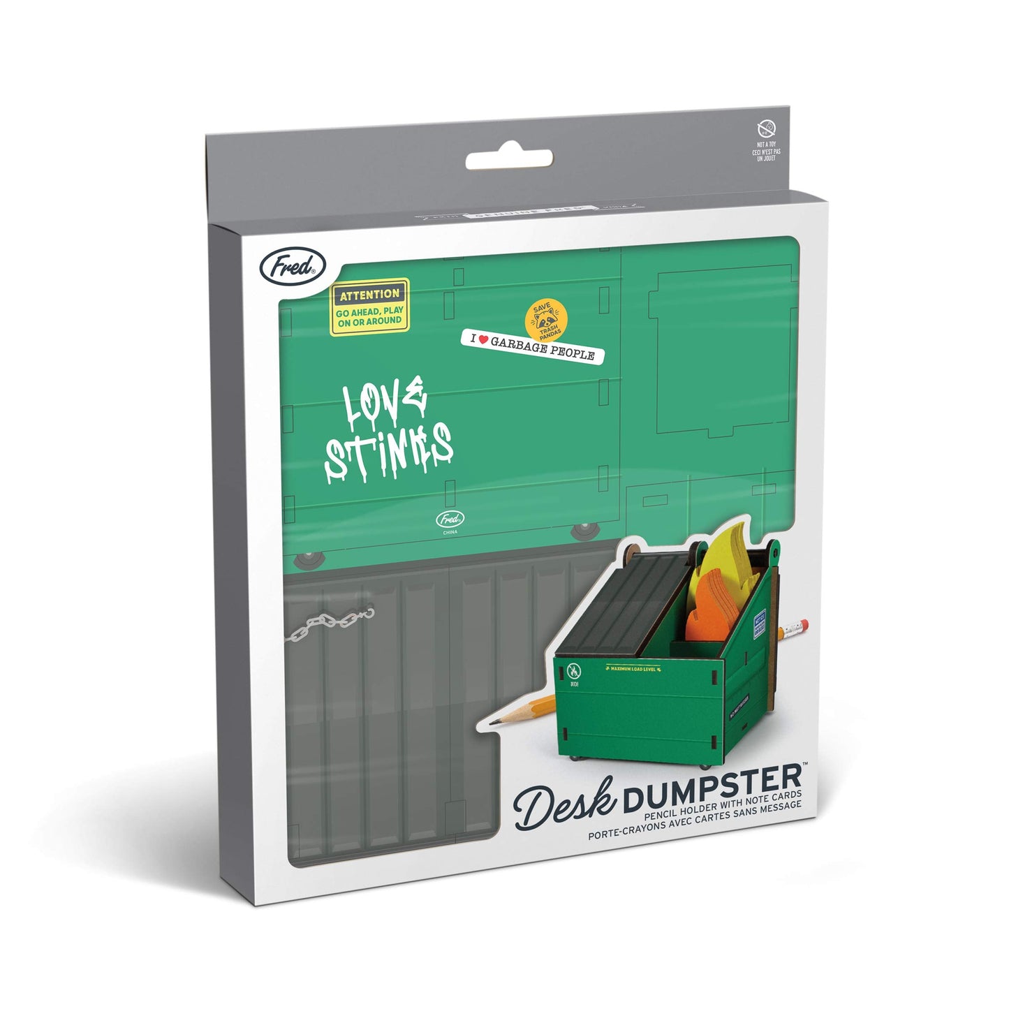 Genuine Fred Desk Dumpster Pencil Holder with 100+ Flame Note Cards, Funny 3-Compartment Organizer for Office Supplies, Desk Caddy for Work or Home