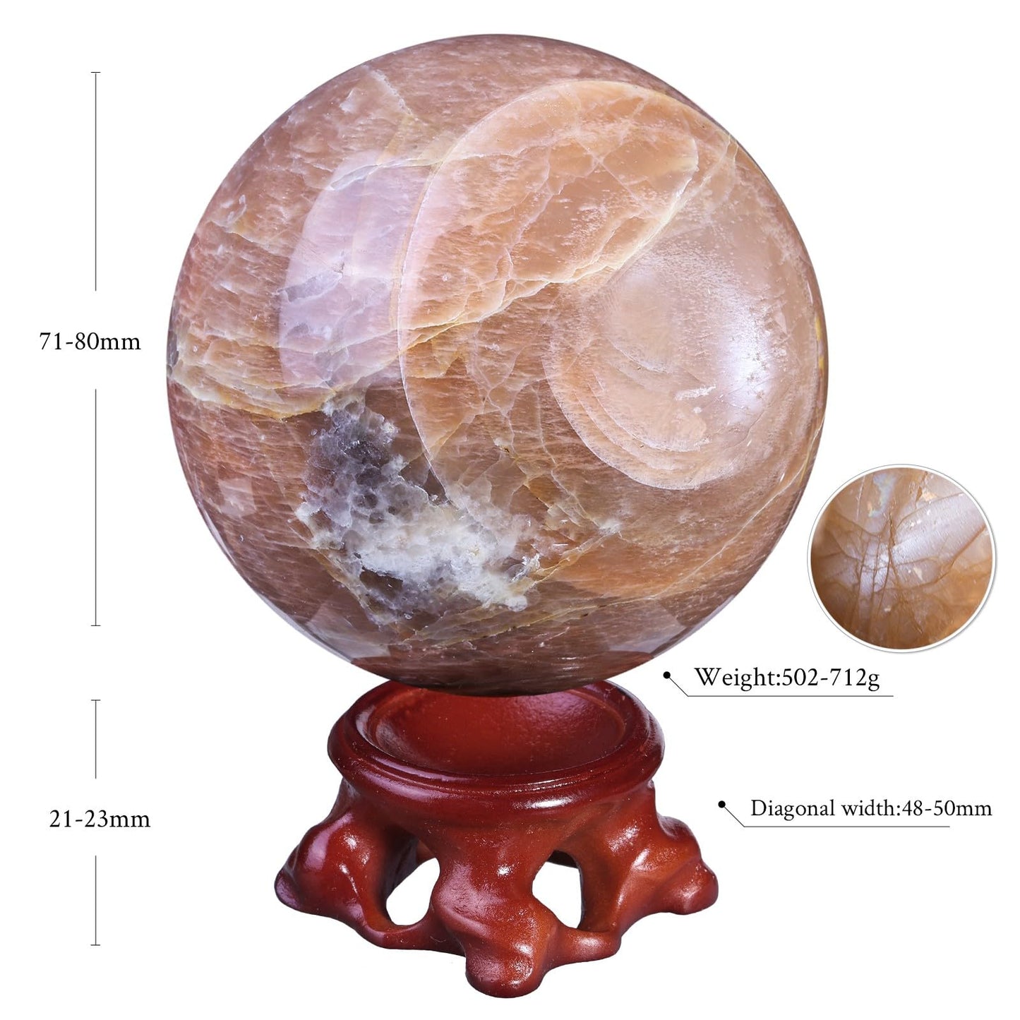 Nupuyai Natural Orange Moonstone Crystal Ball with Resin Stand, Healing Crystal Sphere for Home Decor 2.8"-3.15"(71mm-80mm)