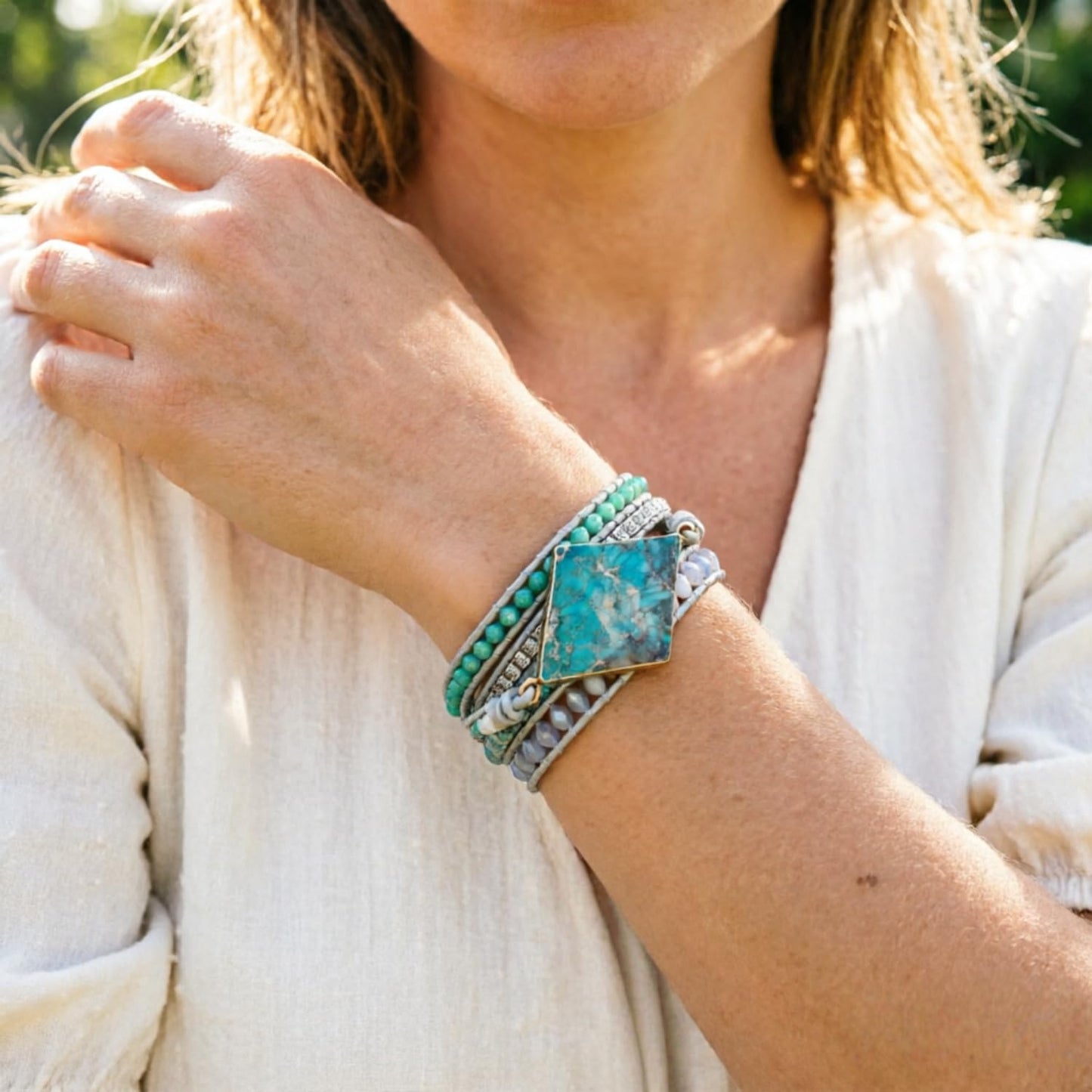YGLINE Wrap Bracelets Crystal Beaded Bohemian Style Jasper Leather Woven Healing Stone Jewelry(Blue)