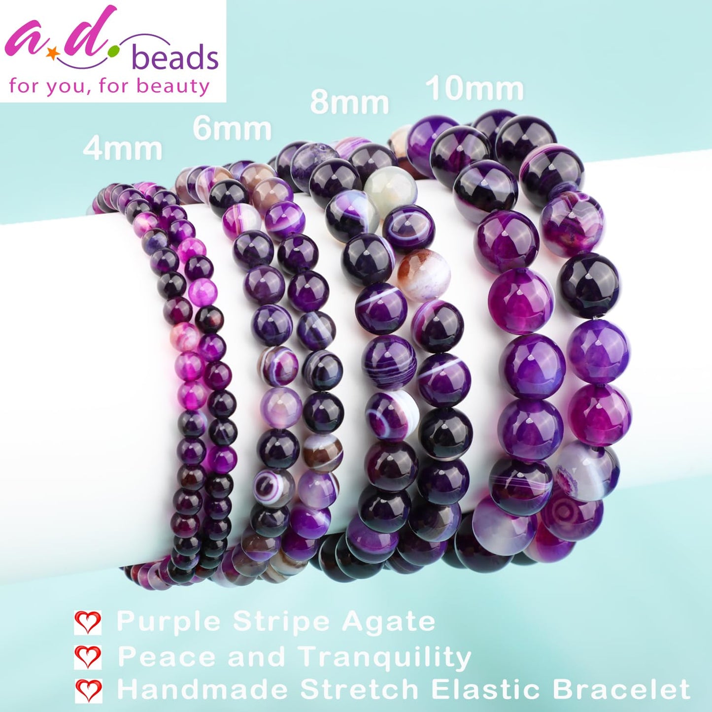 AD Beads 10mm Handmade Purple Stripe Agate Elastic Bracelet – Natural Gemstone for Peace and Tranquility – Meditation, Yoga, Healing and Energy Gift for Men Women