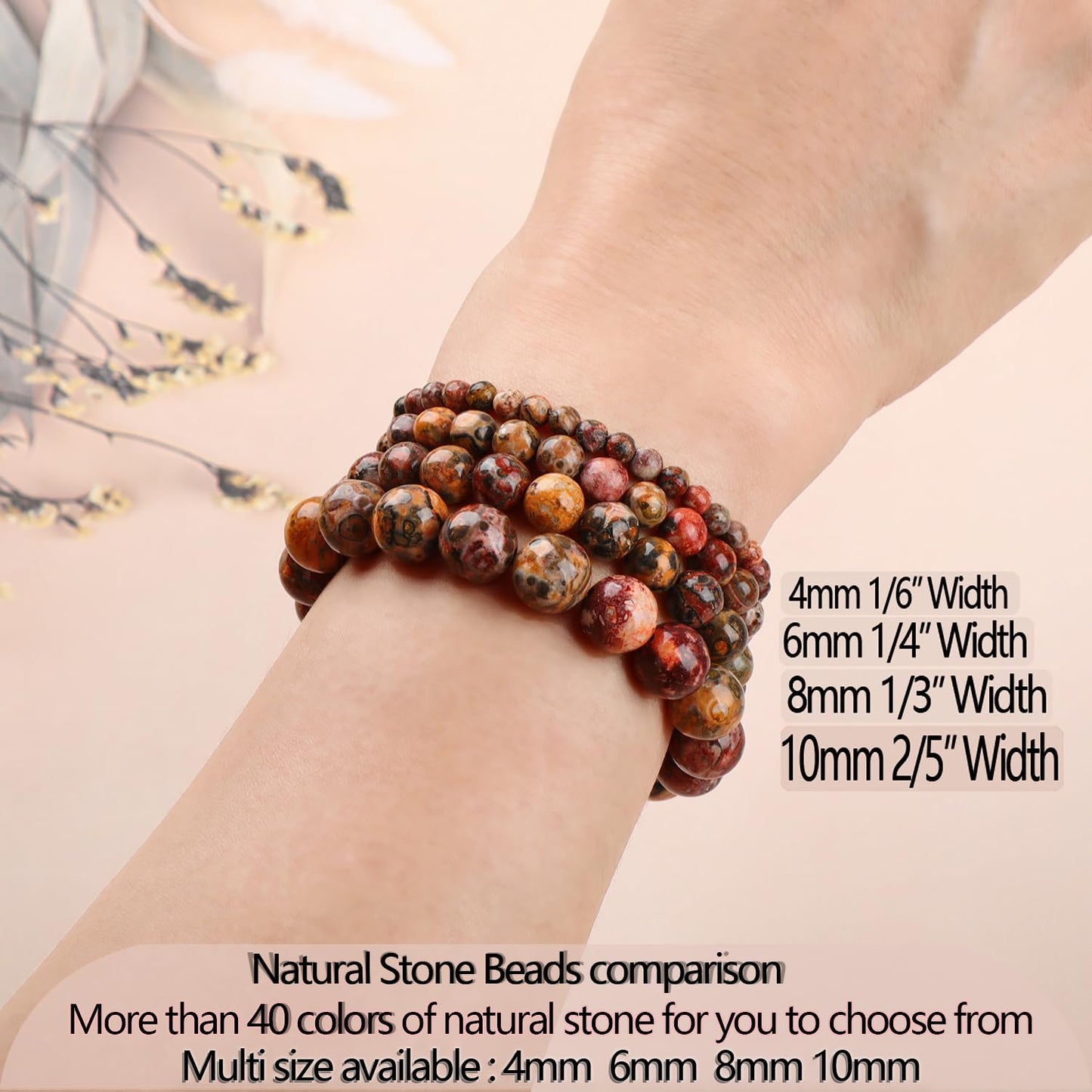 LPBeads Handmade Natural Gemstone Stretch Elastic 6mm Leopard Jasper Bracelet Healing Crystal Round Stone Beads Jewelry Gifts for Women Men