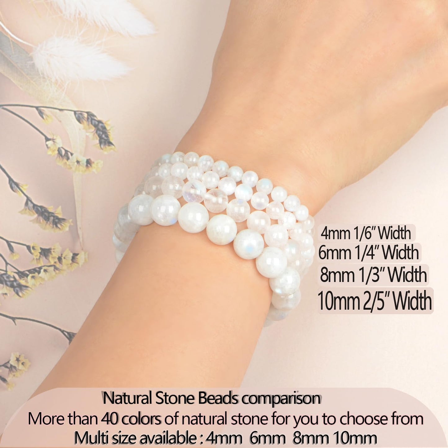 LPBeads Handmade Natural Gemstone Stretch Elastic 8mm Moonstone Bracelet Healing Crystal Round Stone Beads Jewelry Gifts for Women Men