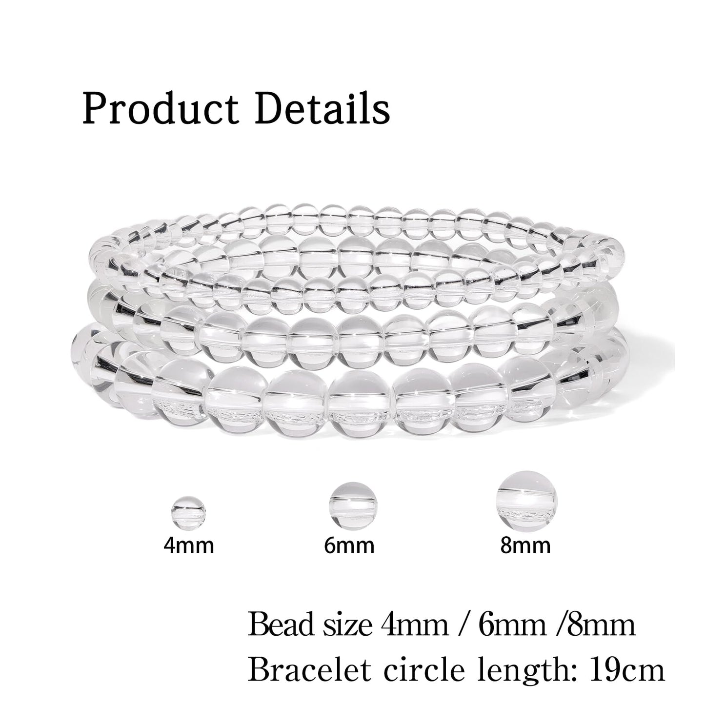 Risyfjew 3 PCS Natural Stone Clear Quartz Beaded Bracelet 4mm 6mm 8mm Healing Crystal Stretch Bracelets Women Clear Quartz Crystal Gifts for Women
