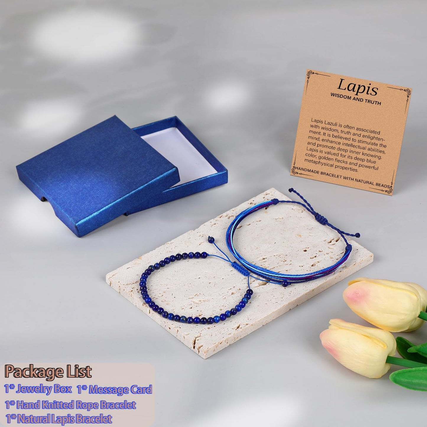 LPBeads 4mm Blue Lapis Bracelet with Handmade Rope Bracelet Size Adjustable Natural Stone Crystal Healing Bracelets Gifts for Unisex Adults