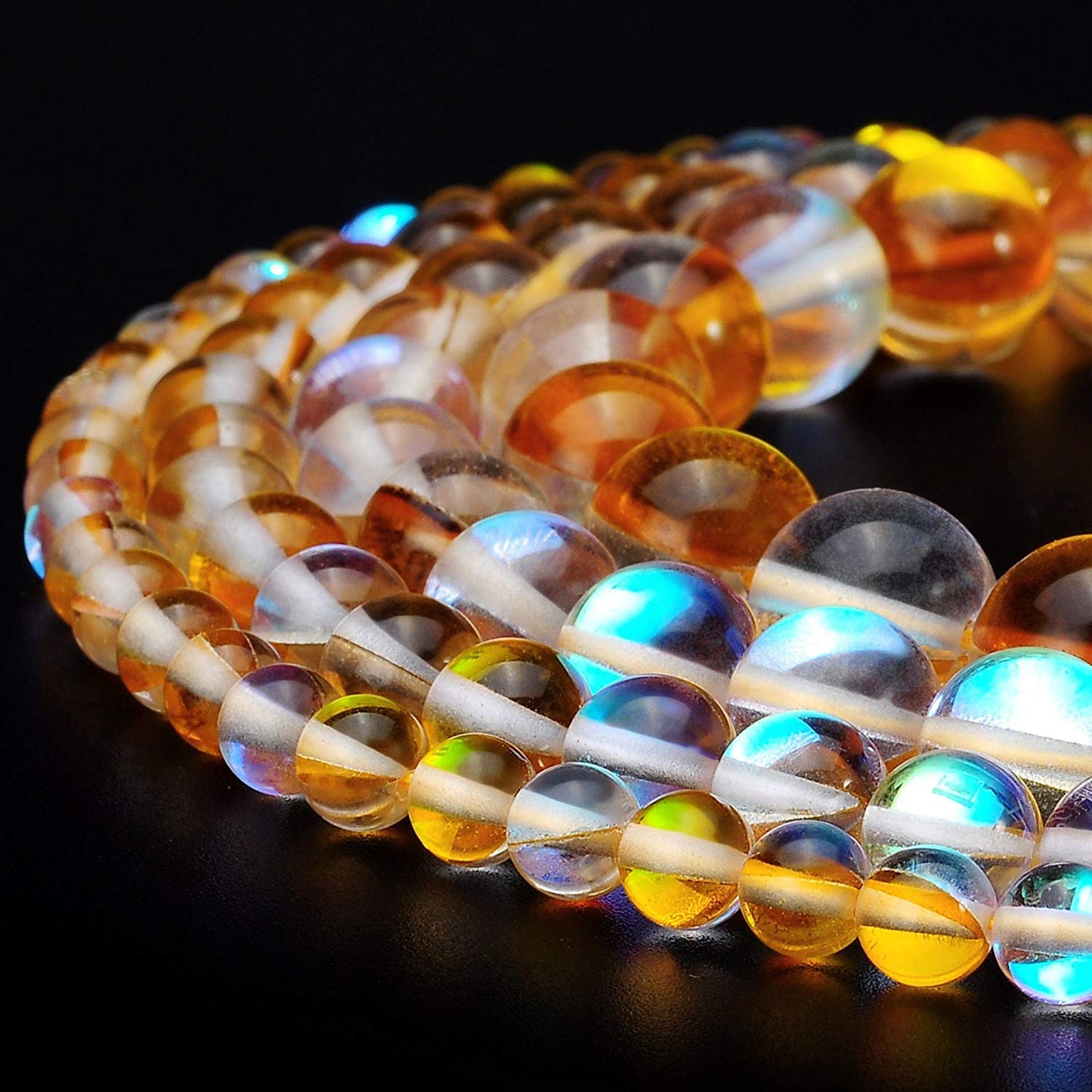 RUBYCA Round Moonstone Crystal Glass Beads Aura Iridescent for Jewelry Making (1 Strand, 8mm, Gold)