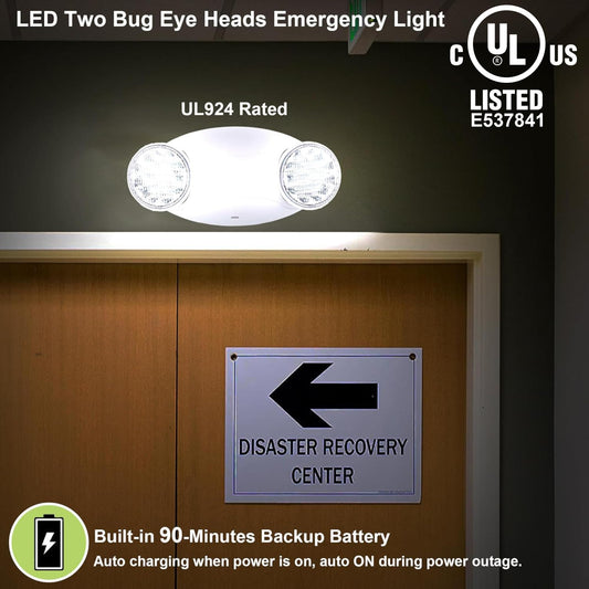 LIT-PaTH LED Emergency Lighting Fixtures with 2 LED Bug Eye Heads and Back Up Batteries- US Standard Exit Light, UL 924 and CEC Qualified, 120/277 Voltage, White, 1-Pack