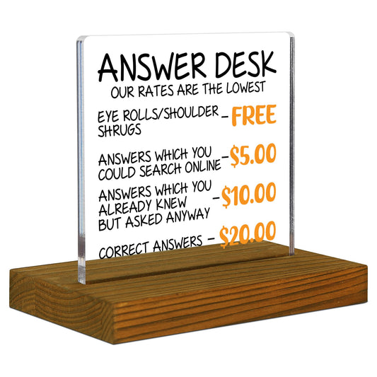 Funny Team Office Gifts for Coworkers, Funny Office Work Gifts for Coworker, Gag Gift for Boss Employee, Team Building Gift, Answer Desk Rates Acrylic Desk Decor Sign with Wood Stand - FSA226