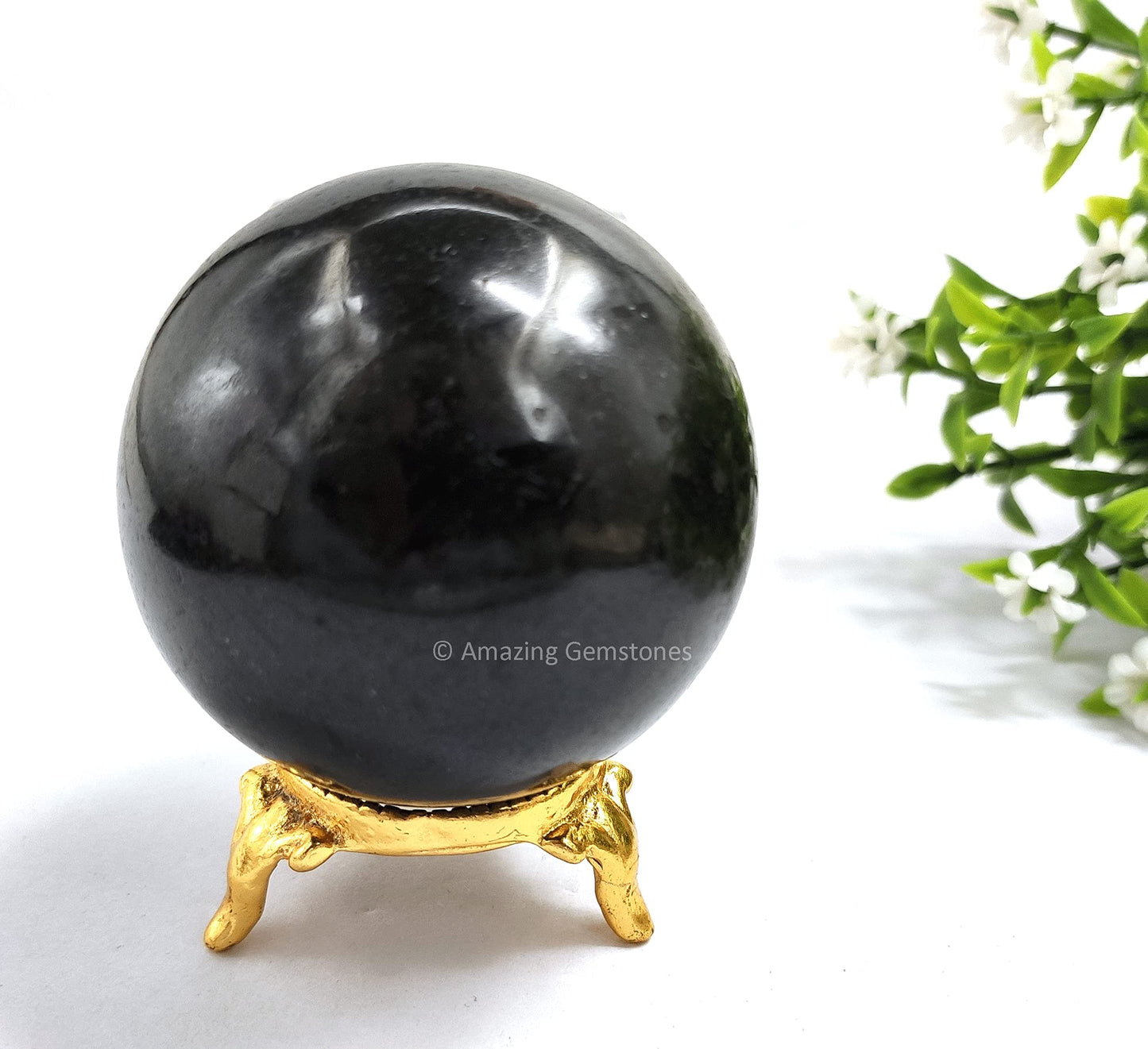 Amazing Gemstone Black Tourmaline Crystal Sphere Round Ball with Sphere Holder Stand, Natural Healing Stone Sphere for Massage Meditation Crystal Grid Witchcraft Supplies Reiki Yoga