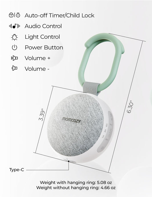 Momcozy Portable Sound Machine with Night Light, White Noise Sound Machine for Baby, 20 Soothing Sounds, Sound Therapy, Long-Lasting Power, Timer, Clips on Stroller, Baby Shower Gifts