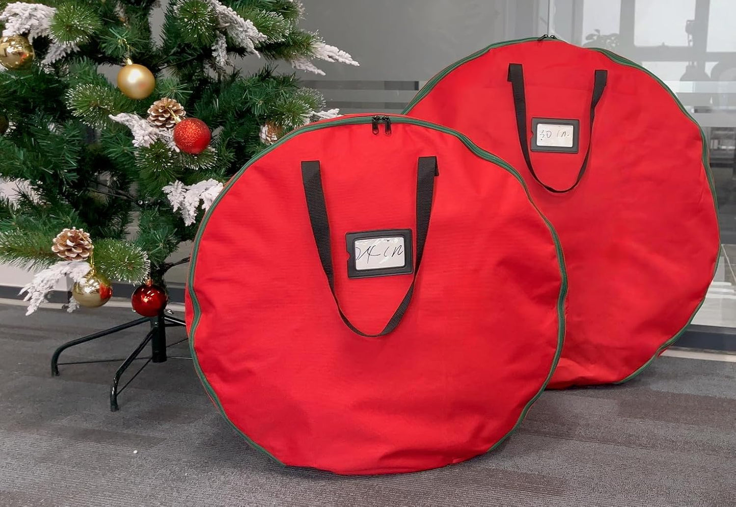 Skiennix Wreath Storage Container - Heavy Duty 600D Oxford Cloth | 30x7 Inch Red Bag for Holiday Wreaths