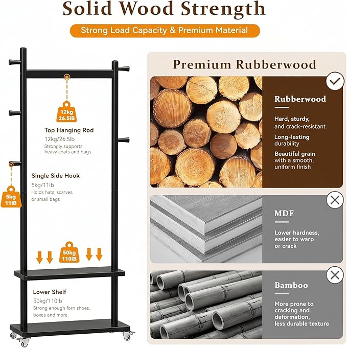 Taitiy Coat Rack Freestanding Clothing Rack with Wheels & 2 Shelves Storage & 5 Hooks Heavy Duty Clothes Rack Wood Coat Tree Stand Hat Hanger Rack for Corner Bedroom Entryway Living Room Hotel Size L