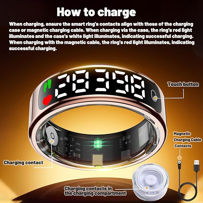 Smart Health Ring for Women Men, Smart Ring Fitness Tracker for iOS Android, Heart Rate, Blood Oxygen, Blood Pressure, Sleep Monitoring,5ATM Waterproof, No Subscription Fee (Gold, 9#)