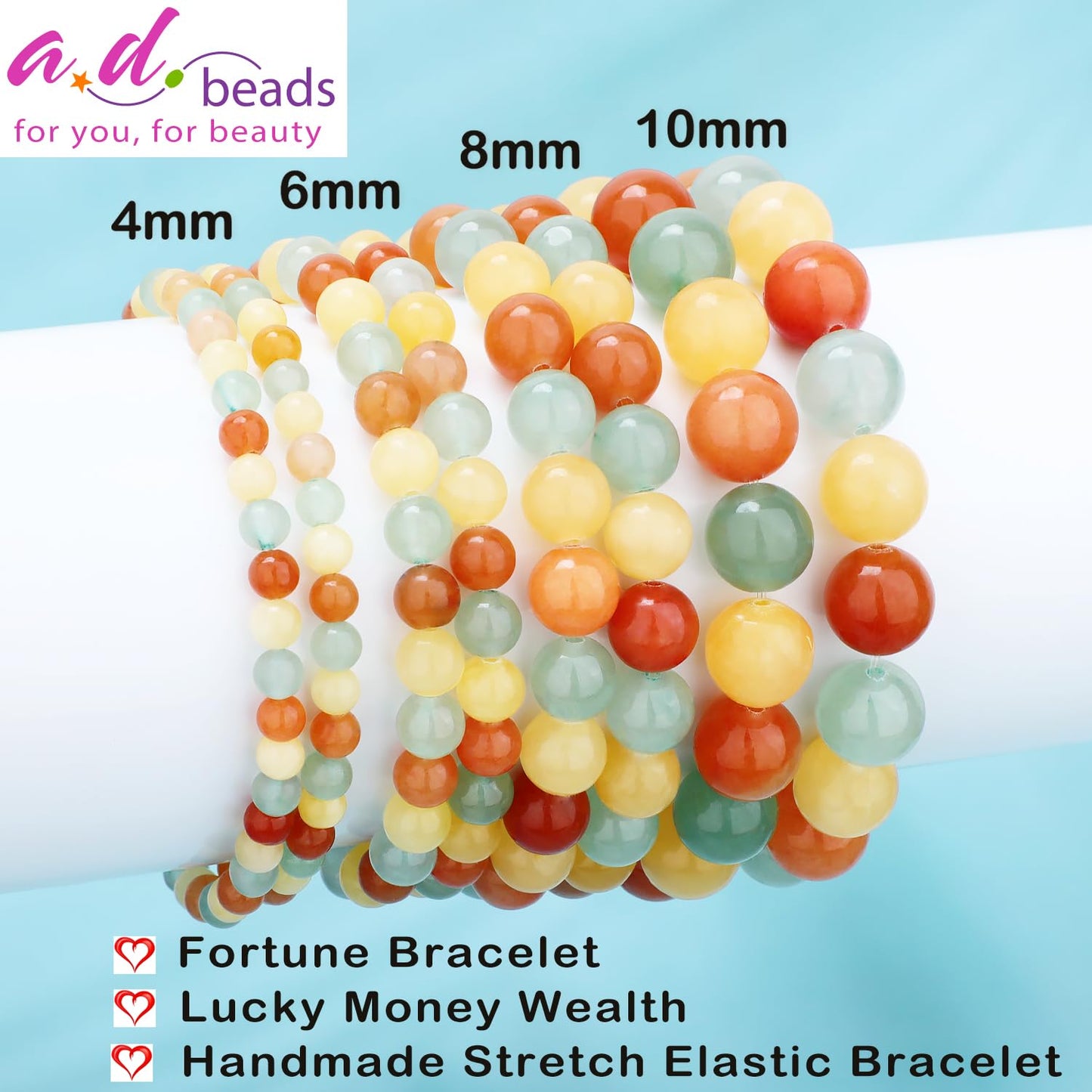 AD Beads 10mm Handmade Fortune Bracelet Elastic Bracelet – Natural Gemstone for Lucky Money Wealth – Meditation, Yoga, Healing and Energy Gift for Men Women