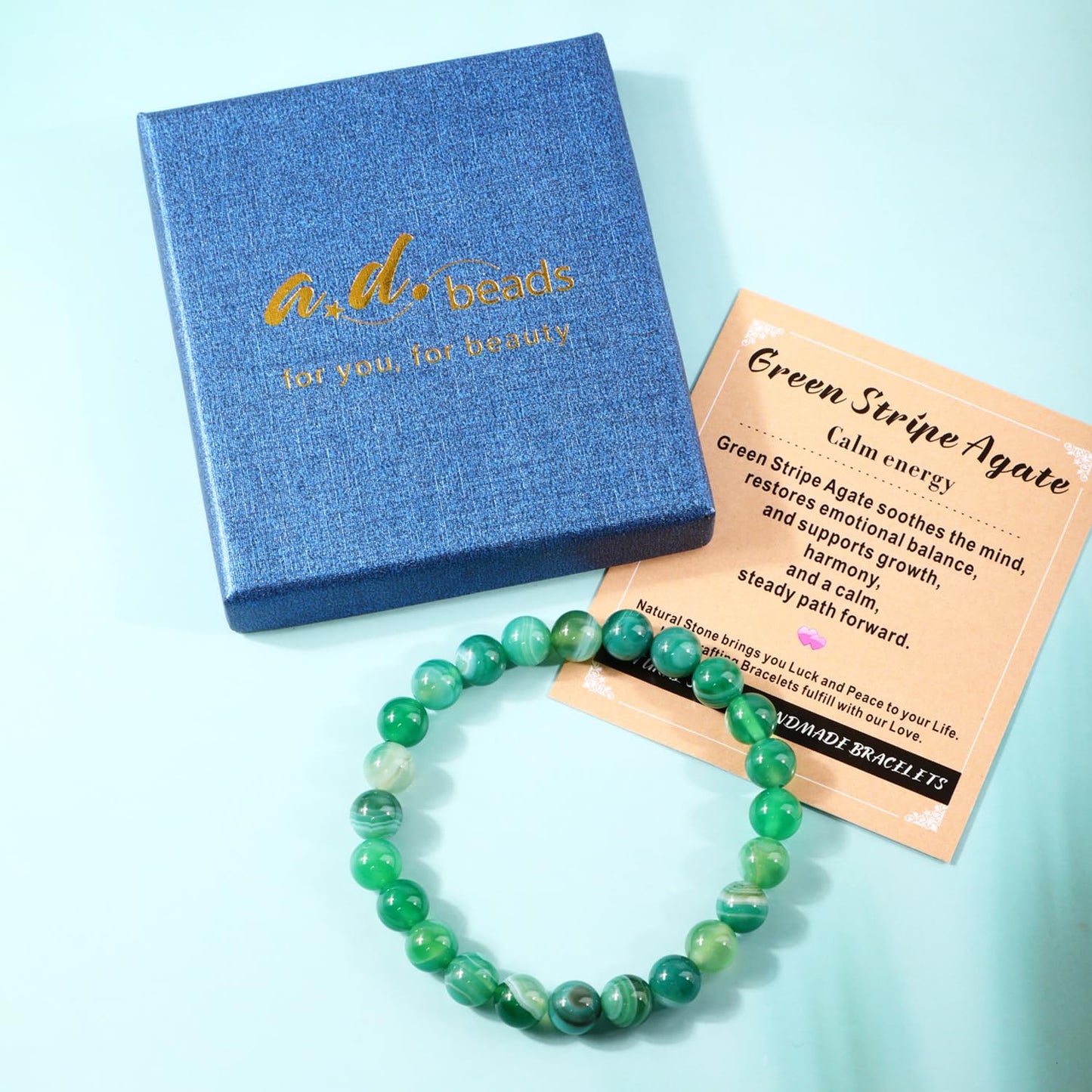 AD Beads 10mm Handmade Green Stripe Agate Elastic Bracelet – Natural Gemstone for Calm energy – Meditation, Yoga, Healing and Energy Gift for Men Women