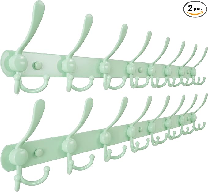 Dseap Coat Rack Wall Mount - 29.5” Long 8-Tri-Hooks Heavy Duty Coat Hanger Rail Wall Hooks for Hanging Coats Hats Clothing Clothes Purse Mudroom Entryway, Green, Pack of 2