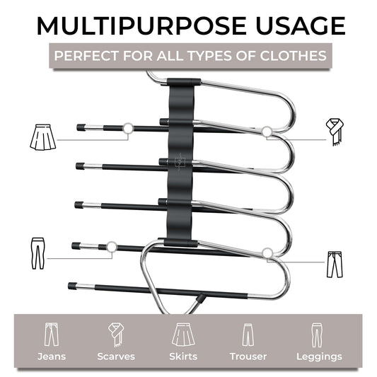 MORALVE Pants Hangers Space Saving - 2 Pack - Non-Slip Multi-Layer Space Saving Hangers - Multifunctional Clothing Rack for Closet Storage - Ideal for Jeans, Trousers, Skirts, Scarves & Slacks (Black)