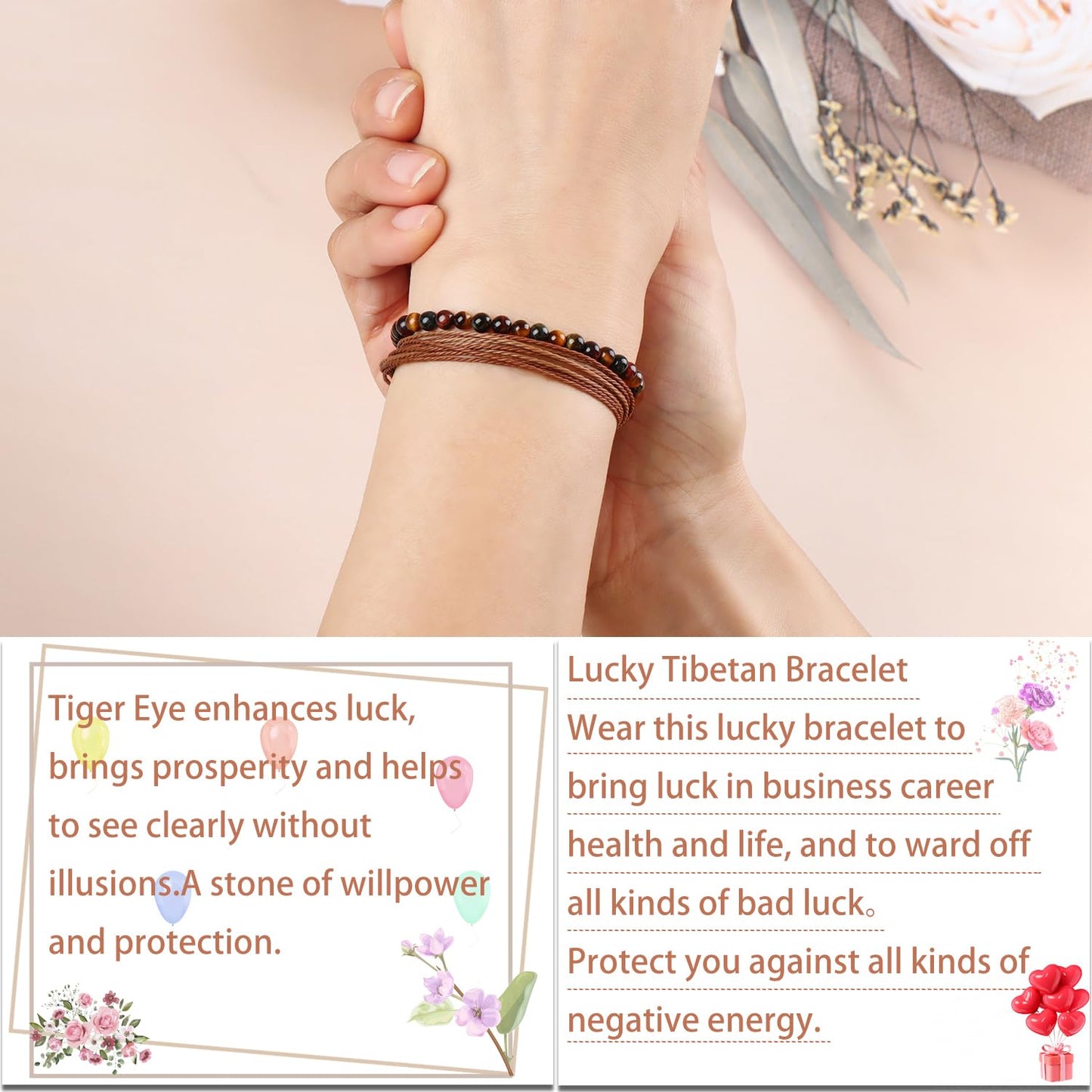 LPBeads 4mm Multicolor Tiger's Eye Bracelet with Handmade Rope Bracelet Size Adjustable Natural Stone Crystal Healing Bracelets Gifts for Unisex Adults