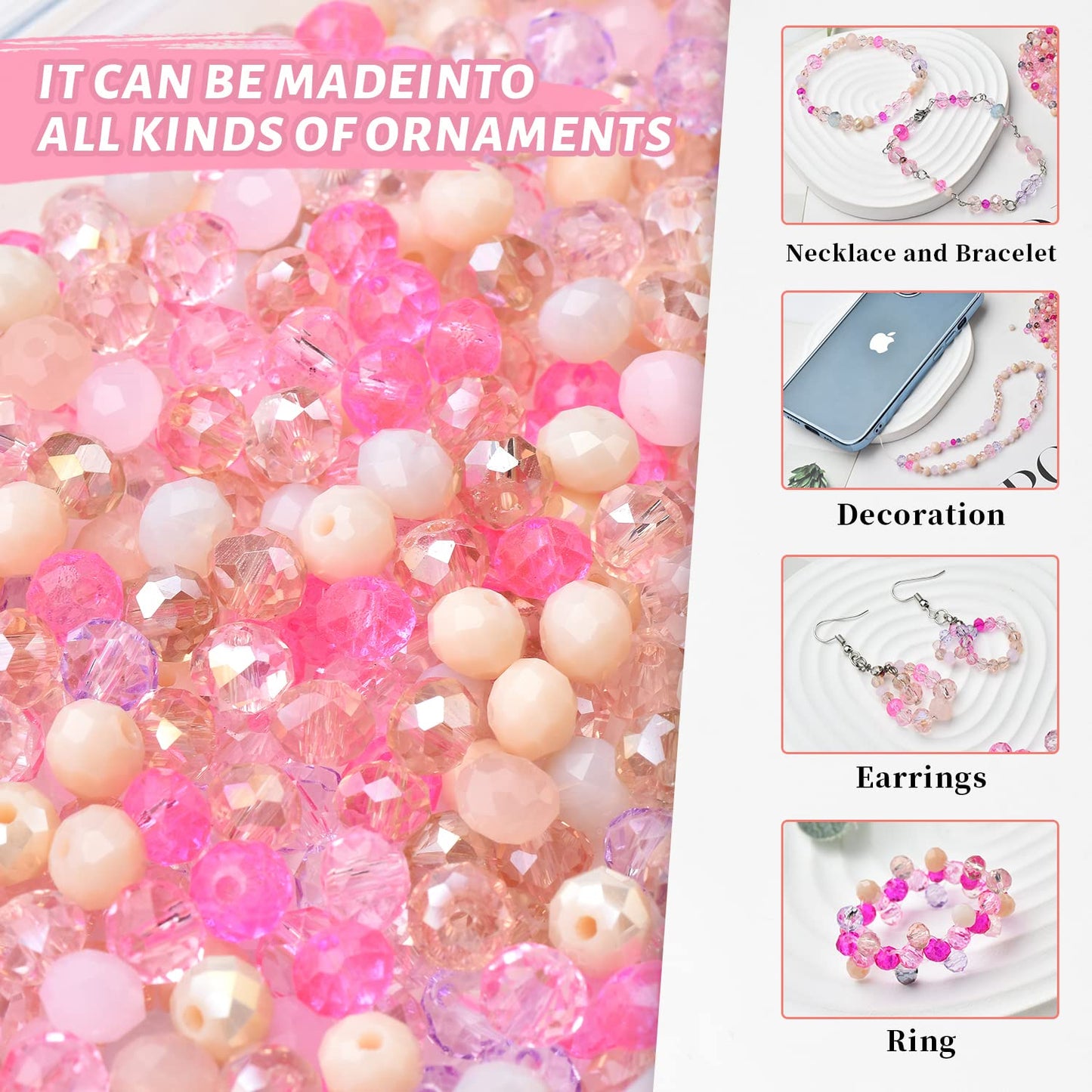 KINGSHINE 1000pcs 4/6/8mm Rondelle Glass Beads for Jewelry Making,Electroplate Round Shaped Crystal Spacer Beads Assorments for Bracelet Necklaces DIY Pink