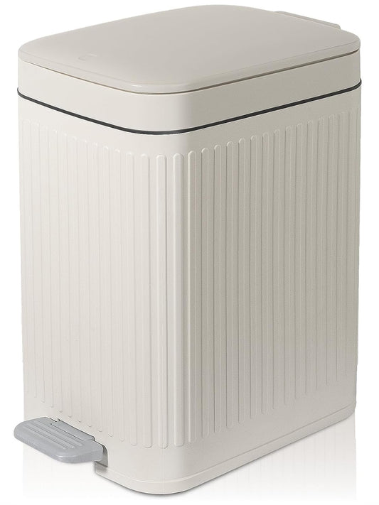 Rejomiik Small Bathroom Trash Can - Slim Soft Close Lid Wastebasket | 1.9 Gallon Cream Color