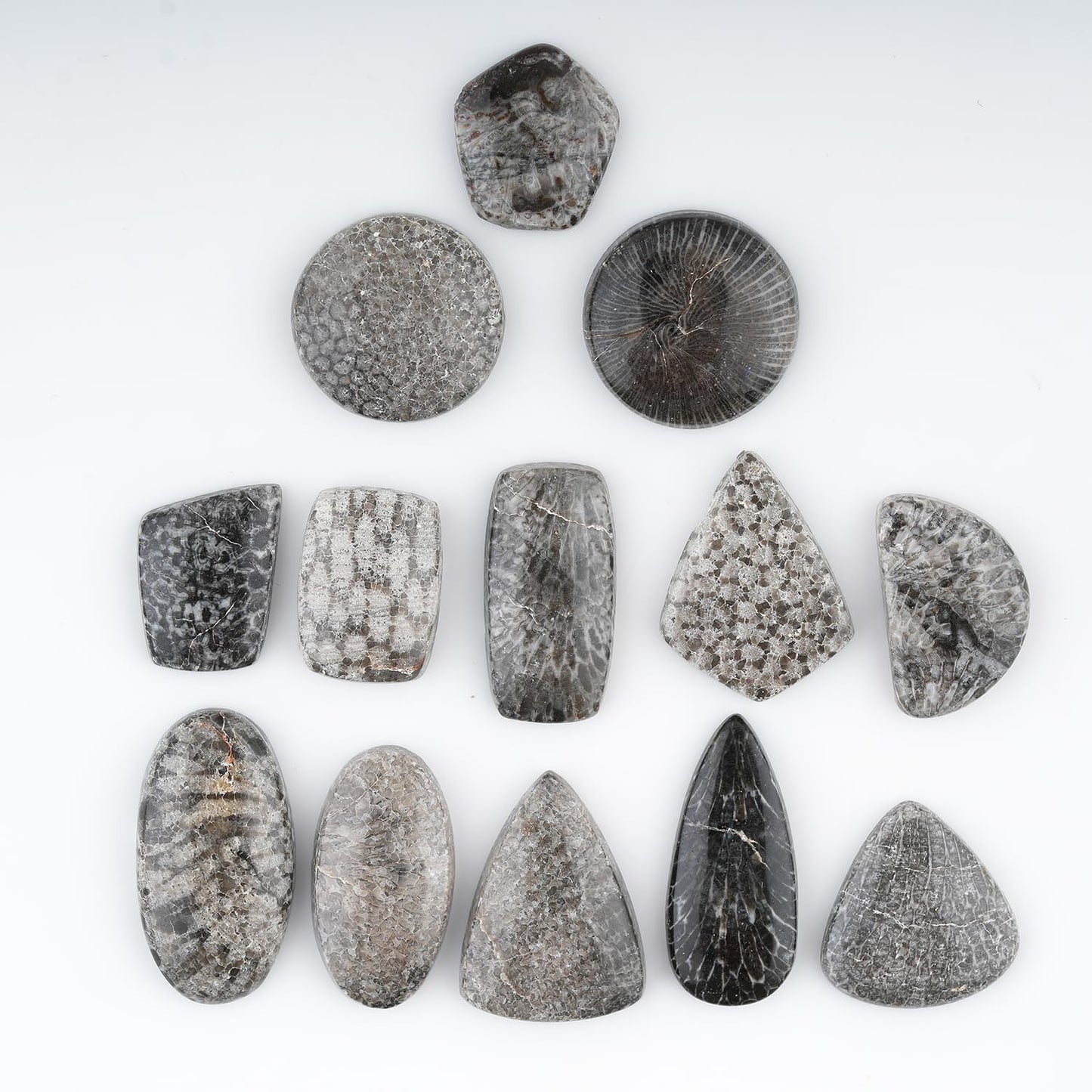 GemSymphony Natural Black Fossil Coral Gemstone Cabochon Pack of 3 Mixed Shapes – Polished Crystal Stones for Jewelry Making Supply, Healing, Reiki & DIY Crafts, Natural Gem Cab Set for Wire Wrapping (10-20 mm)