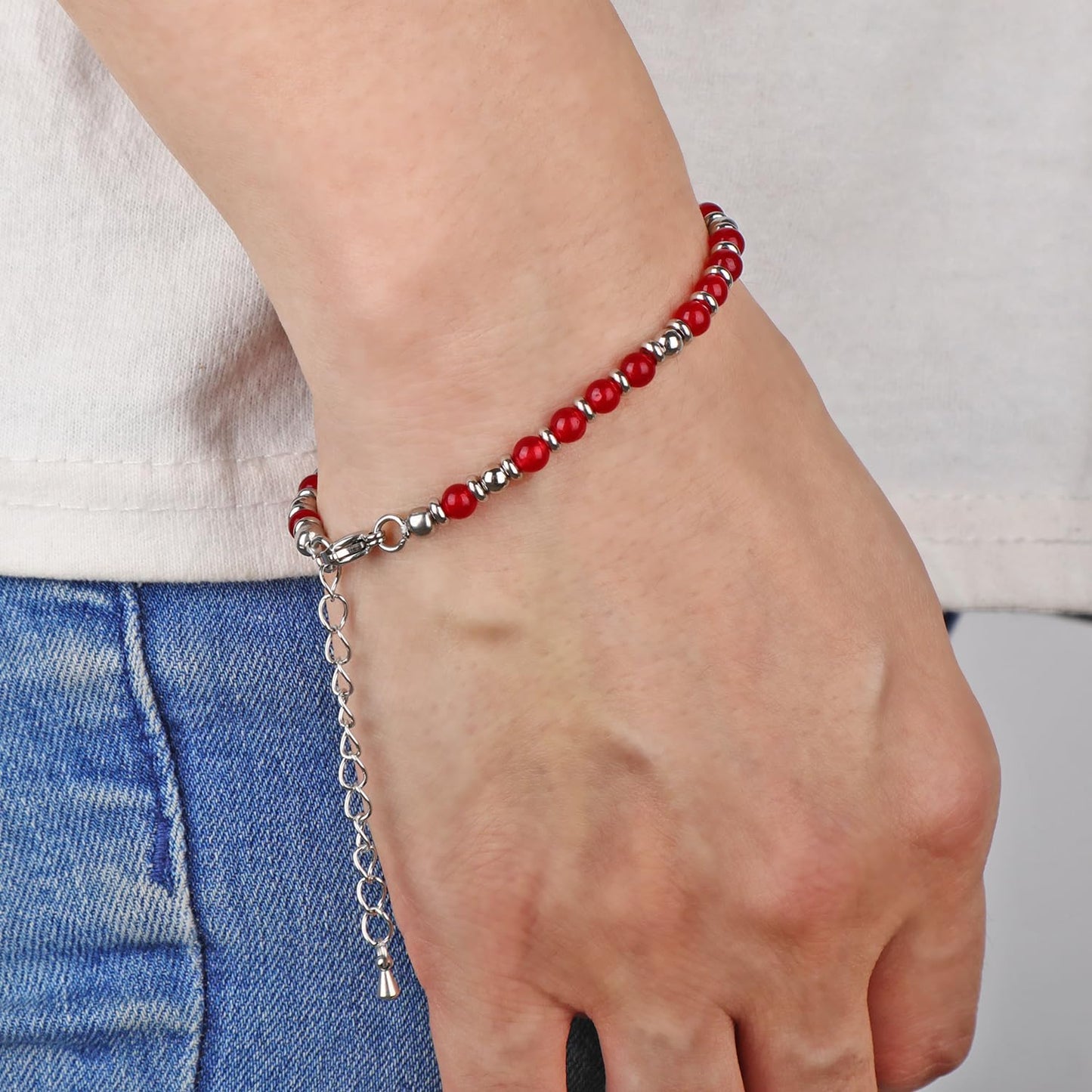 LPBeads 4mm Ruby Jade Tiny Beaded Bracelets For Women, Energy Gem Charm Jewelry Adjustable Bracelet Gifts for Mom, Daughter, Wife, Coworkers, Friends, Bestie