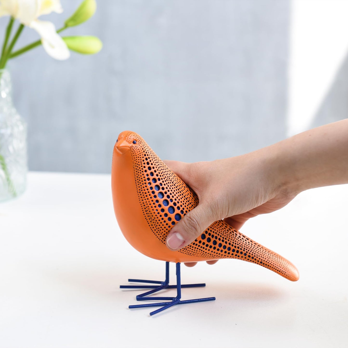 Quoowiit Bird Figurine, Modern Sculpture and Statues for Home Decor, Animal Statues for Bookshelf, Table, Entryway, Fireplace, Resin Decorative Sculpture with Chic Polka Dots Art Design (Orange)