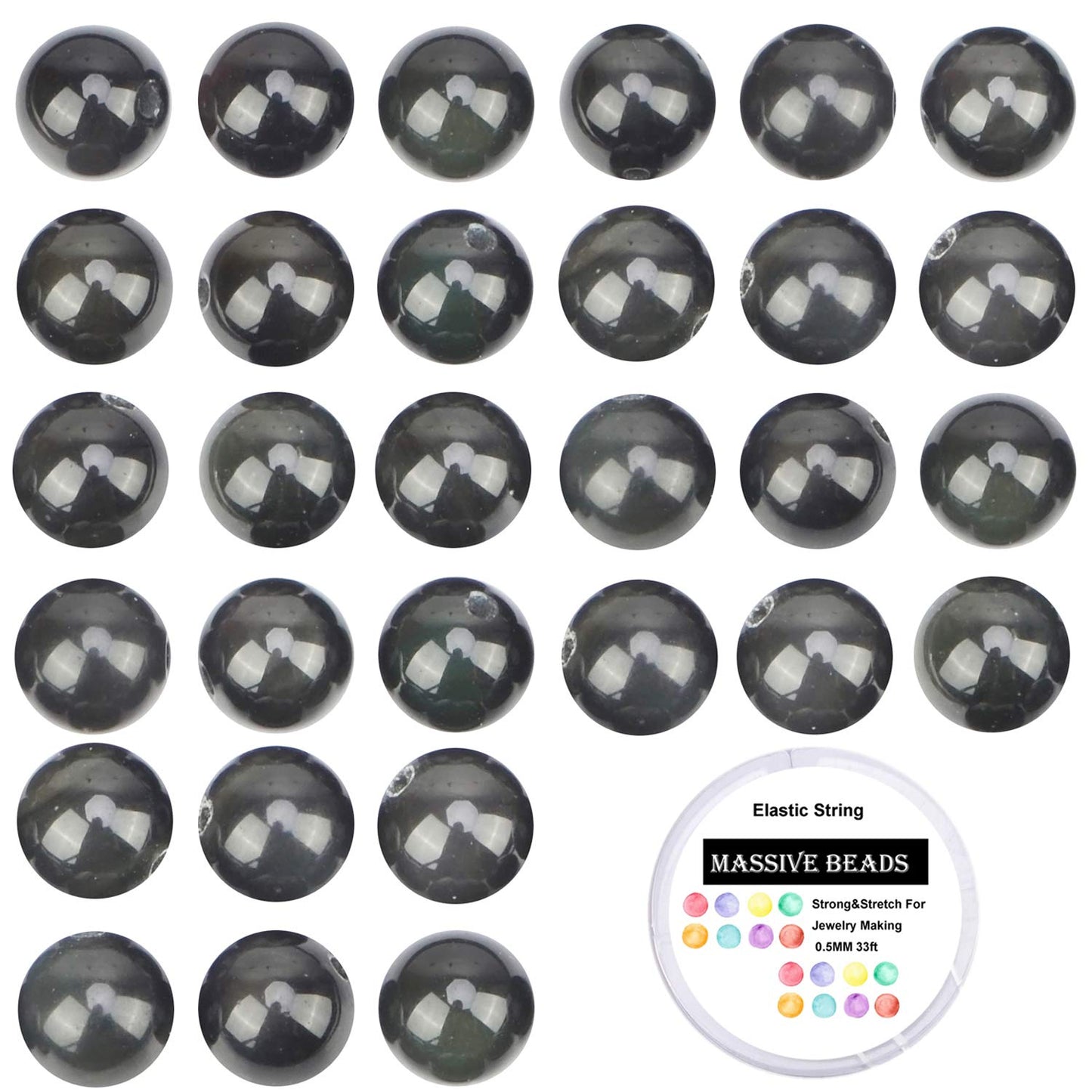 80Pcs Natural Crystal Beads Stone Gemstone Round Loose Energy Healing Beads with Free Crystal Stretch Cord for Jewelry Making (Black Obsidian, 10mm)