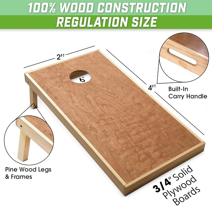 GoSports 4 ft x 2 ft Commercial Grade Cornhole Boards Set - Natural Wood Cornhole Boards, Choose from Different Bean Bag Color Combinations - Gold & Gray