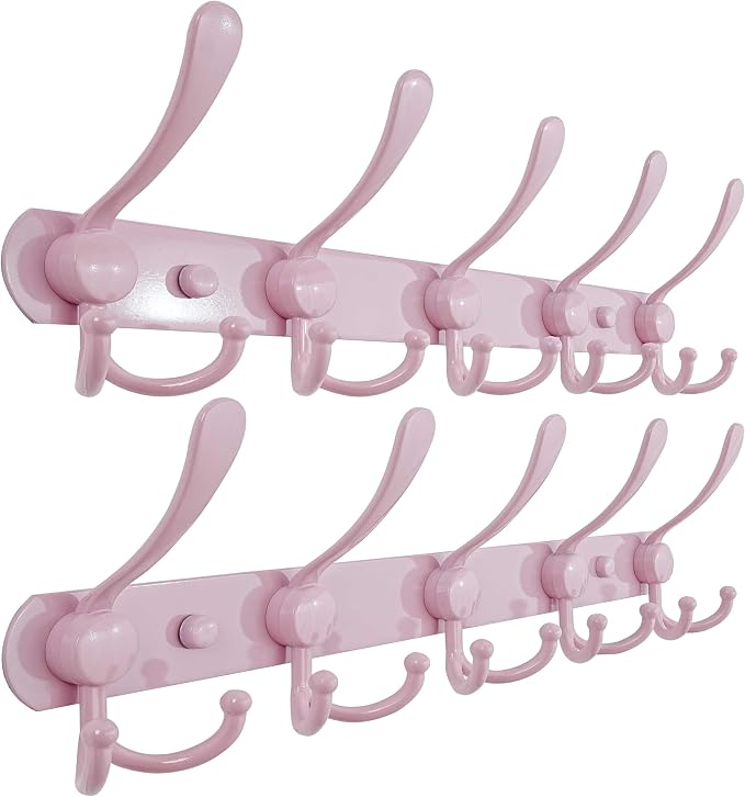 Dseap Coat Rack Wall Mounted - 5 Tri Hooks, Heavy Duty, Stainless Steel, Metal Coat Hook Rail for Coat Hat Towel Purse Robes Mudroom Bathroom Entryway (Pink, Pack of 2)