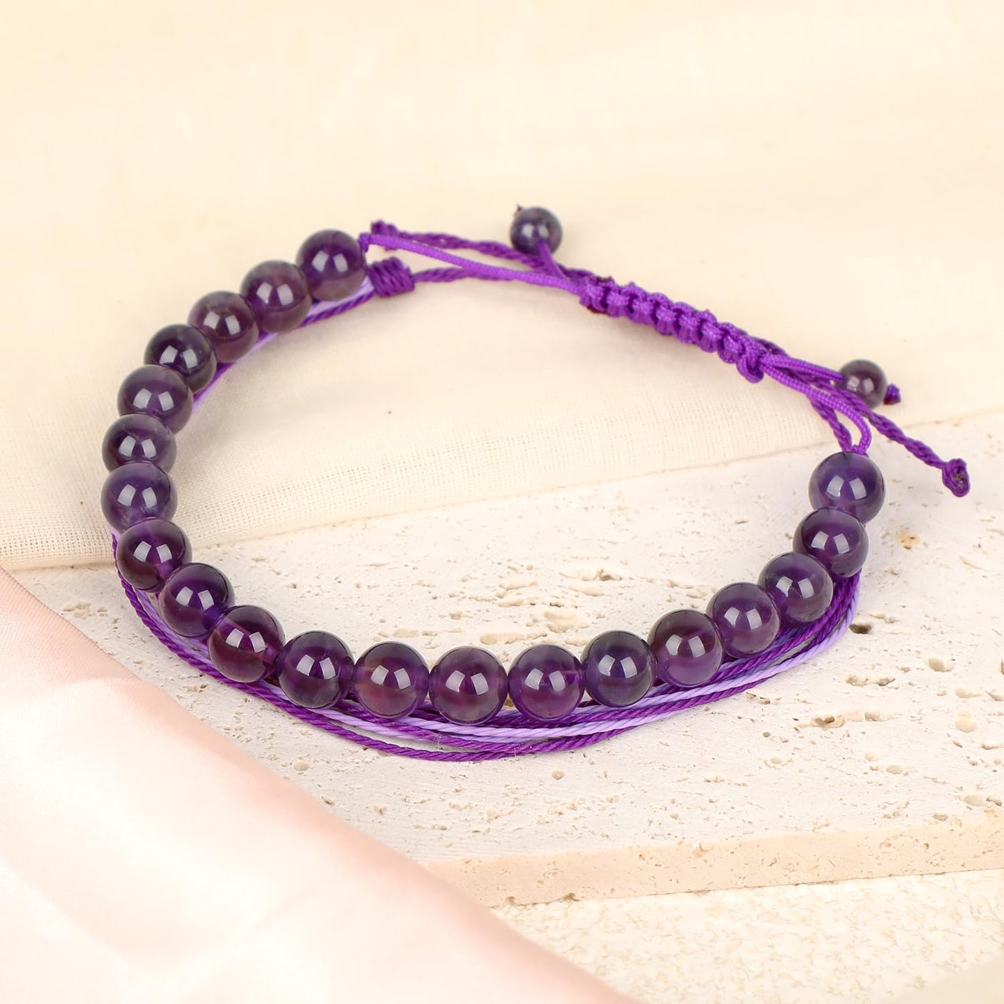 LPBeads 8mm Purple Amethyst Bracelet with Handmade Rope Bracelet Size Adjustable Natural Stone Crystal Healing Bracelets Gifts for Unisex Adults