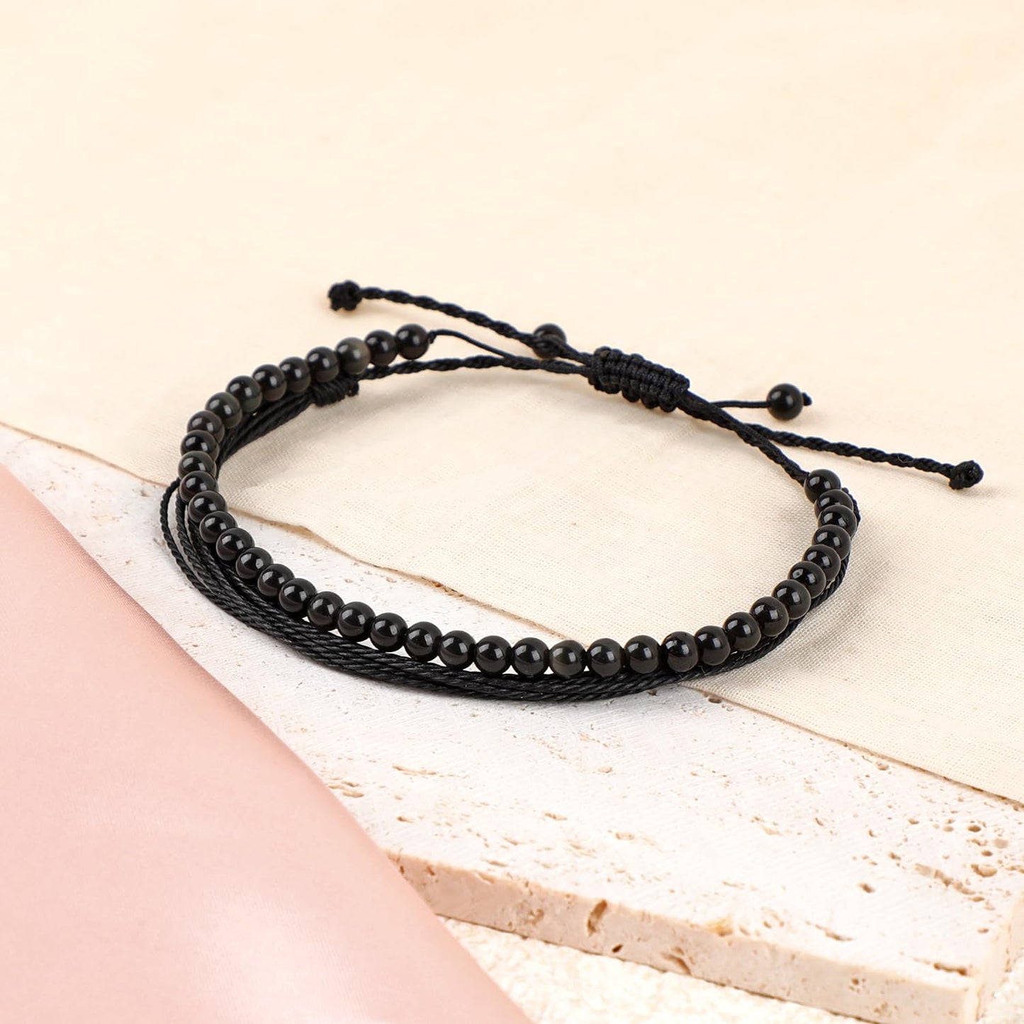 LPBeads 4mm Black Obsidian Bracelet with Handmade Rope Bracelet Size Adjustable Natural Stone Crystal Healing Bracelets Gifts for Unisex Adults