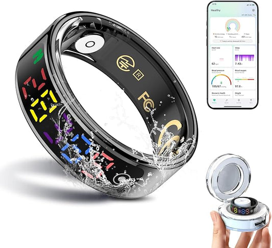 Smart Ring for Women Men, Health Ring with Colorful Display, Fitness Tracker with Heart Rate, Blood Oxygen, Sleep Monitor, No Subscription Fee, 5ATM Waterproof for iPhone & Android (Black, 12)