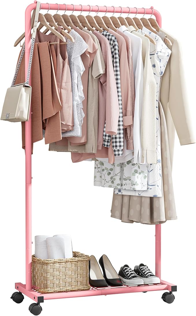 Sakugi Clothes Rack - Clothing Rack with Storage Mesh Shelf & Casters, Heavy-Duty Metal Clothing Rack for Hanging Clothes, Dresses, Coats, Large Load Capacity, Easy Assembly, Pink, 28.0"x16.9"x59.0"