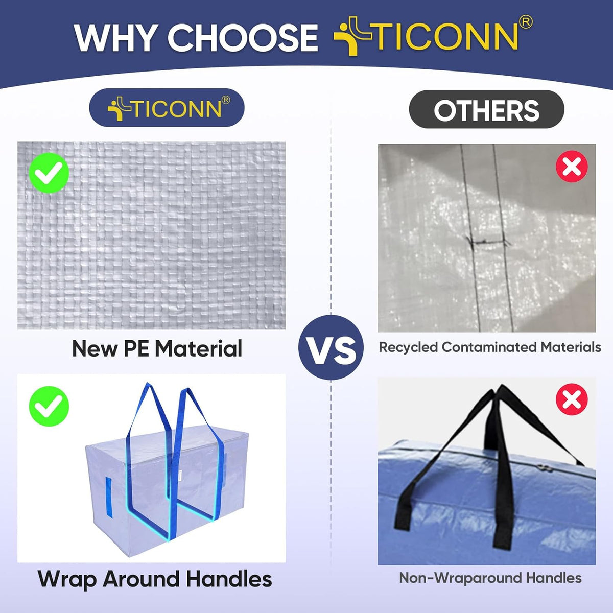 TICONN Extra Large Heavy-Duty Moving Bags - Durable Storage with Zippers & Handles | 2 Pack, Blue