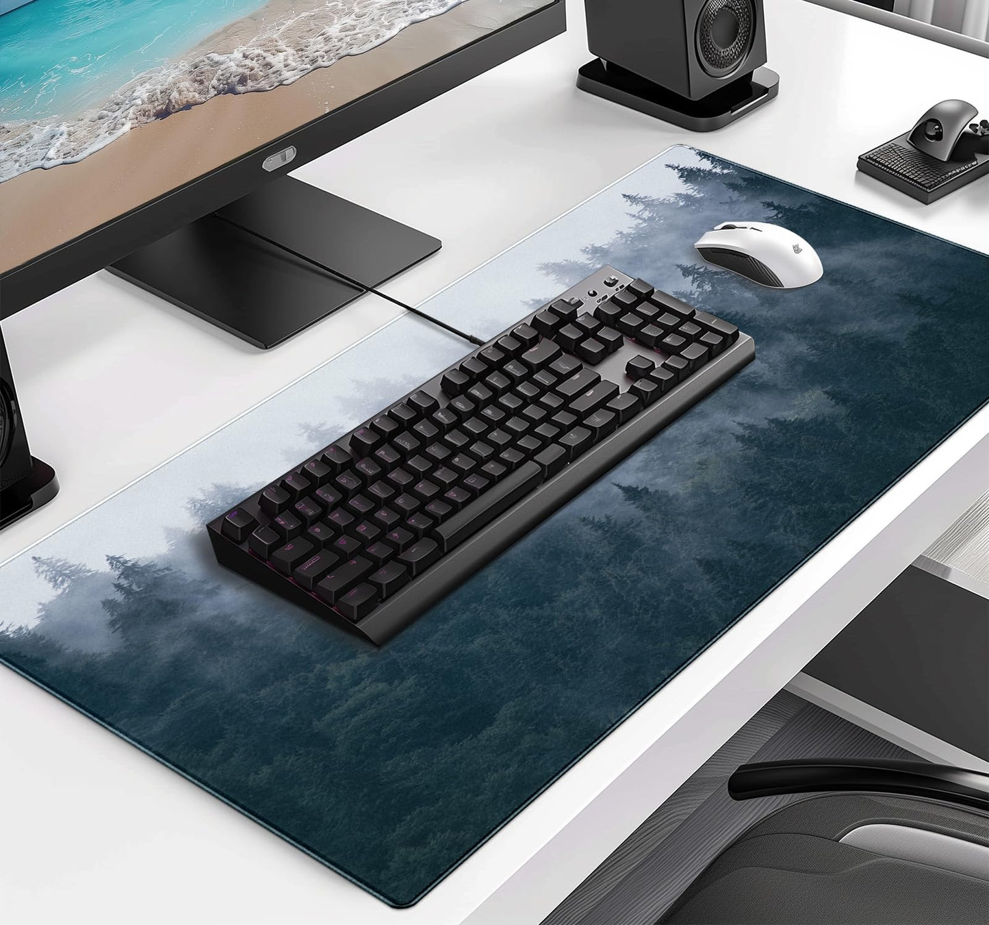 Large Extended Gaming Mouse Pad with Stitched Edges, Non-Slip Waterproof Rubber Base Mouse Pad for Office, Computer, Keyboard, Laptop and Home Desk Pad 35.4 x 15.7 x 0.12 Inch (Grey Forest)