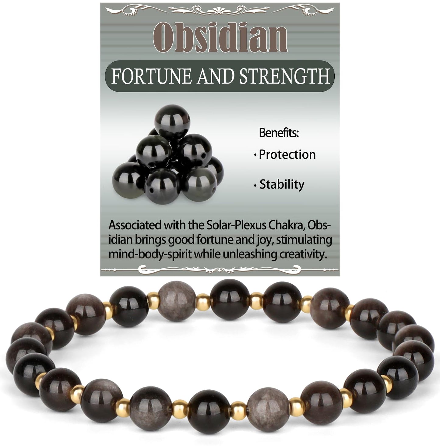 QOGIR Silver Obsidian - Fortune and Strength - 14K Gold Plated Beads Natural Gemstone Stretch Elastic Dainty Healing Beaded Bracelets Gifts 6mm