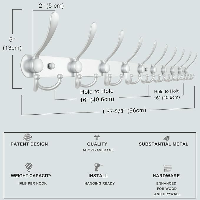 Dseap Coat Rack Wall Mount - 29.5” Long 8-Tri-Hooks Heavy Duty Coat Hanger Rail Wall Hooks for Hanging Coats Hats Clothing Clothes Purse Mudroom Entryway, Silver