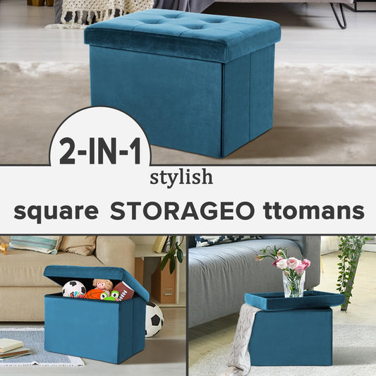 LINMAGCO Storage Ottoman Folding Foot Stool Velvet Foot Rest with Padded Modern Ottoman with Storage for Living Room Puppy Step Stool 17x13x13in(Blue)