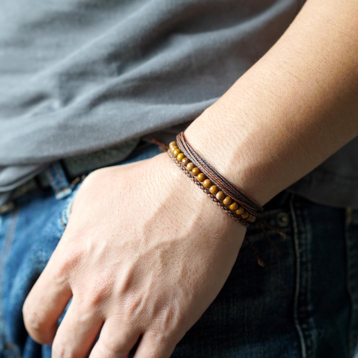 Handmade Natural Stone Beaded Healing Bracelet Gift for Men Adjustable Rope String Bracelet (wooden jasper, Adjustable)