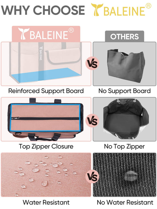 BALEINE Large Utility Tote Bag with Reinforced Bottom, Multi-Pockets and Top Zipper Closure, Perfect for Teachers, Nurses, Travel, Work - Water-Resistant (Medium, Pink)
