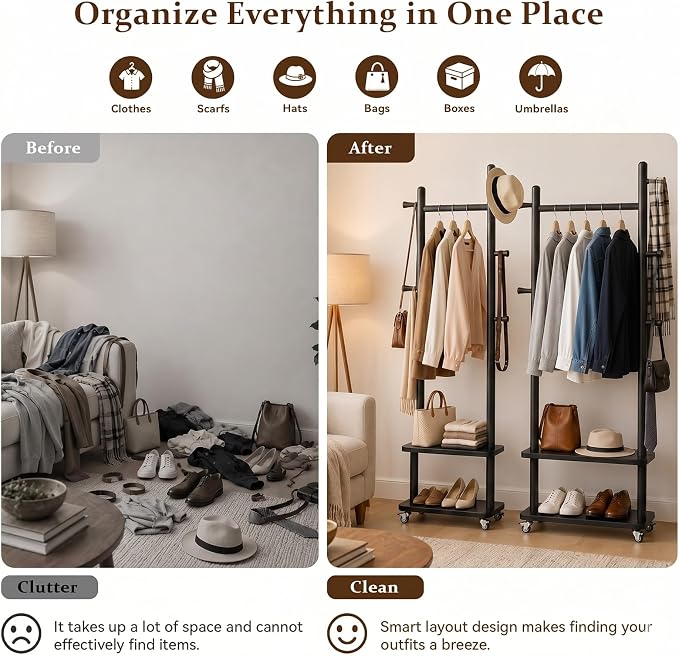 Taitiy Coat Rack Freestanding Clothing Rack with Wheels & 2 Shelves Storage & 5 Hooks Heavy Duty Clothes Rack Wood Coat Tree Stand Hat Hanger Rack for Corner Bedroom Entryway Living Room Hotel Size L
