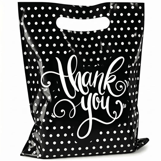 Camtoms Small Thank You Bags With Handles (9x12) - Glossy Plastic Retail Merchandise Bags for Jewelry, Boutique Accessories, Party Favors - White Bulk Packaging