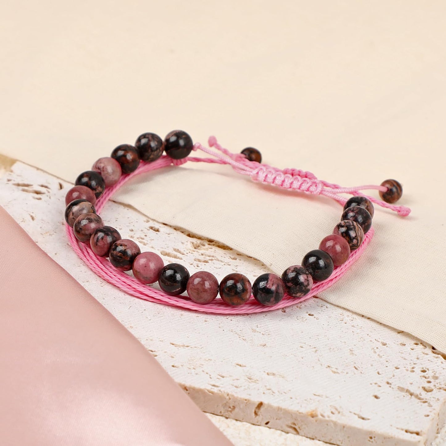 LPBeads 8mm Pink Black Rhodonite Bracelet with Handmade Rope Bracelet Size Adjustable Natural Stone Crystal Healing Bracelets Gifts for Unisex Adults