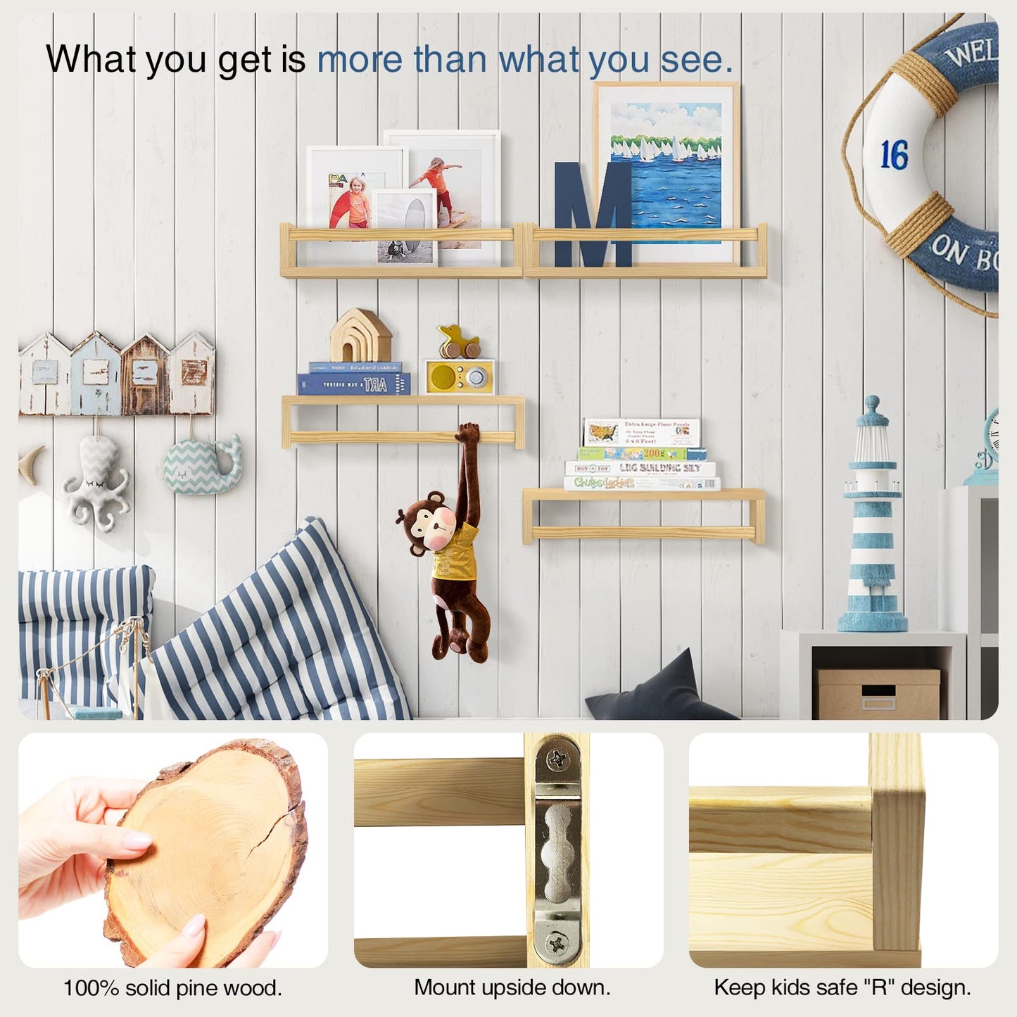 Forbena Natural Wood Nursery Book Shelves Wall Mounted, Floating Bookshelf for Kids Room, Toys and Books Storage Organizer Bookshelves for Toddler Child Bedroom Bathroom (4 Pack Natural Wood)
