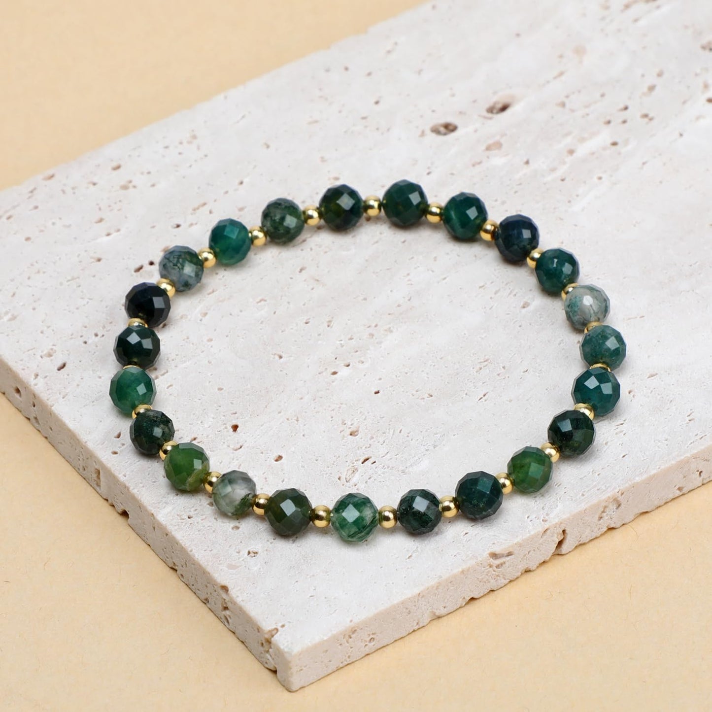 QOGIR Moss Agate - Stone of Optimistic - 14K Gold Plated Beads Natural Gemstone Stretch Elastic Dainty Healing Beaded Bracelets Gifts 6mm