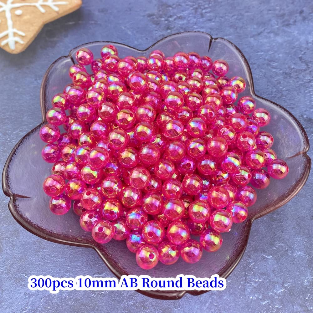 300 Pcs 10mm Acrylic Round Beads AB Colors Round Spacer Beads for Earring Bracelet Necklace Key Chains Jewelry DIY Craft Making(Rose Red AB)
