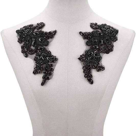 CABODYALS 2Pcs Black Floral Rhinestone Applique Handmade 3D Flower Pearl Beaded Lace Trim Appliques Crystal Bead Embroidery Sew on Tulle Pathes for Sewing Making Dresses Bridal Wedding Gowns Clothes