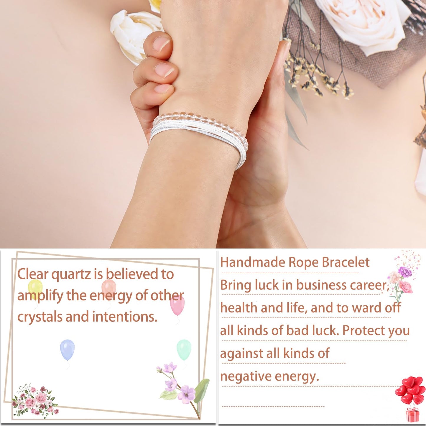 LPBeads 4mm Clear Quartz Bracelet with Handmade Rope Bracelet Size Adjustable Natural Stone Crystal Healing Bracelets Gifts for Unisex Adults