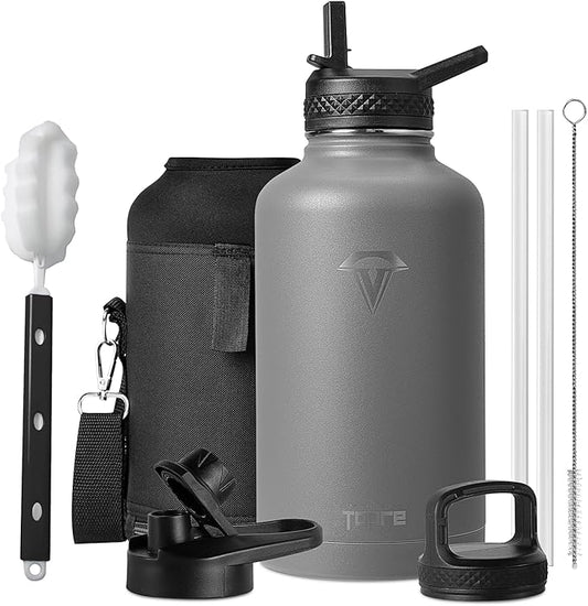 Insulated Water Bottle, 64 oz Stainless Steel Water Bottles with Straw, Leak Proof & BPA Free, Reusable Jug Thermo Flask for Outdoor Sports Gym Camping, Grey