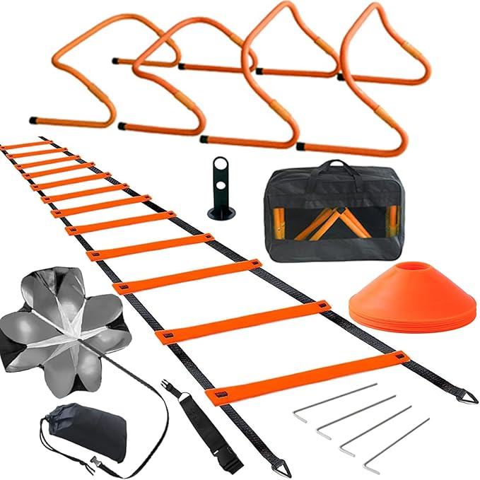 TOCO FREIDO Speed&Agility Training Set – 20ft Agility Ladder Set with 12 Rungs, 4 Adjustable Training Hurdle, 12 Disc Cones, 2 Resistance Bands, 1 Running Parachute and Footwork Drills Equipment